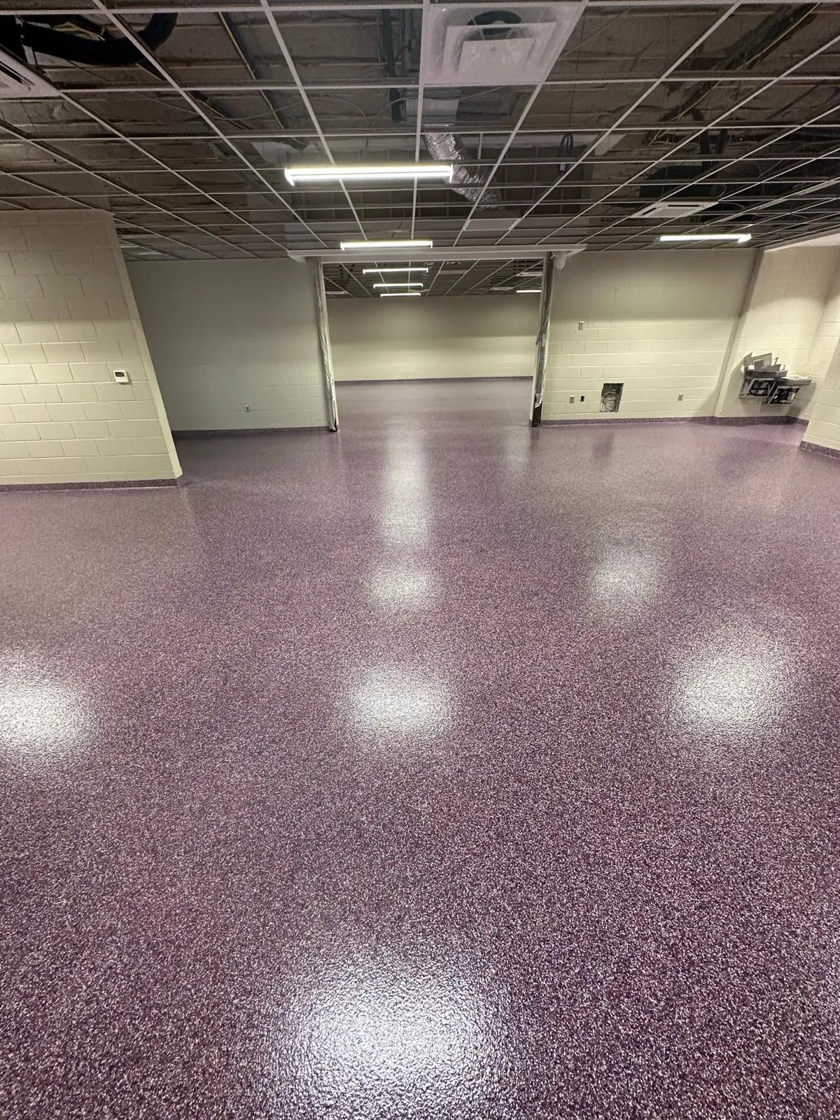 Burgundy and grey decorative flake floor with a high-gloss finish in a commercial space